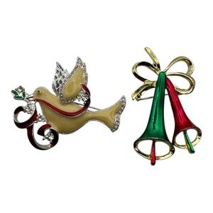 Set of 2 Vintage Christmas Brooches Dove & Bells Rhinestone Enamel 2”